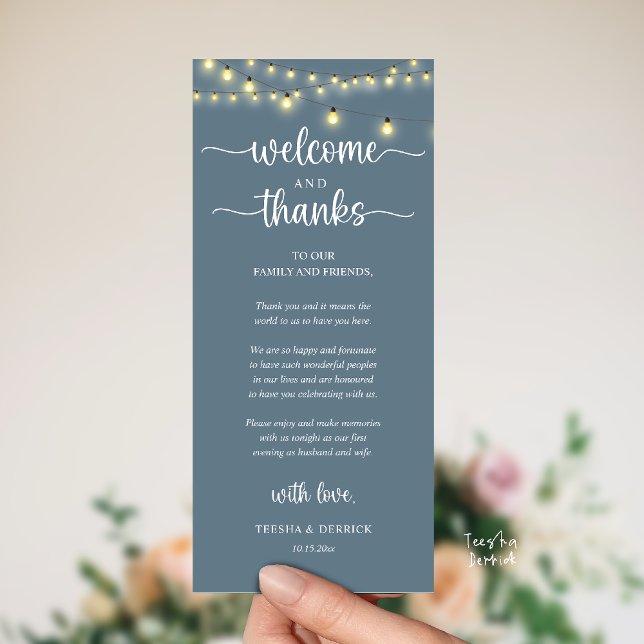 Cartão de Boas-Vindas e Agradecimento Rústico para ("Welcome and Thanks" Rustic Reception dinner Guest thank you Card in string lights dusty blue)