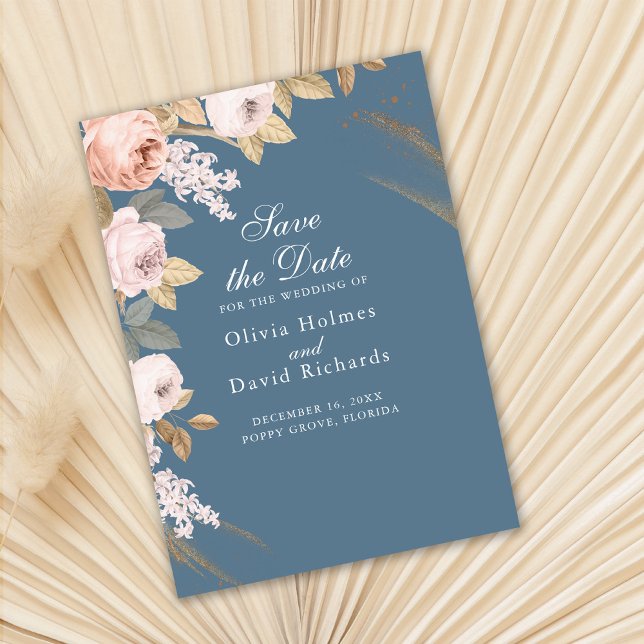 Cartão de Boho Elemental Blue Peonies para Salvar  (Boho Elemental Blue Peonies Save the Date Card on dra fan palm leaf.)
