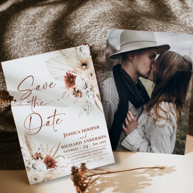 Cartão de Boho Terracota Rústico para Salvar a Dat (Boho Terracotta Rustic Wedding Photo Save the Date  Card)