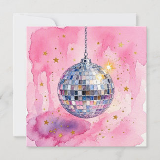 Cartão de Bola de Discoteca com Aquarela Rosa.