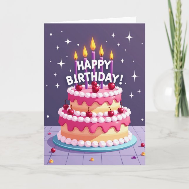 Cartão de Bolo de Aniversário Alegre (Frente)