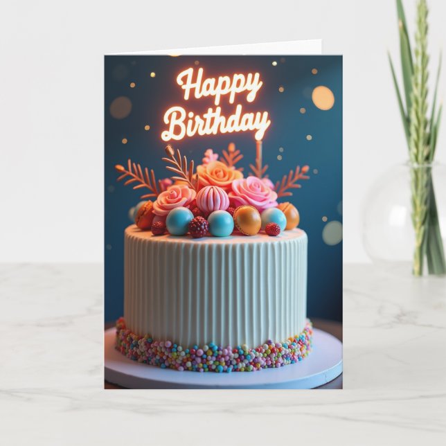 Cartão de Bolo de Aniversário com Rosa Doce (Frente)