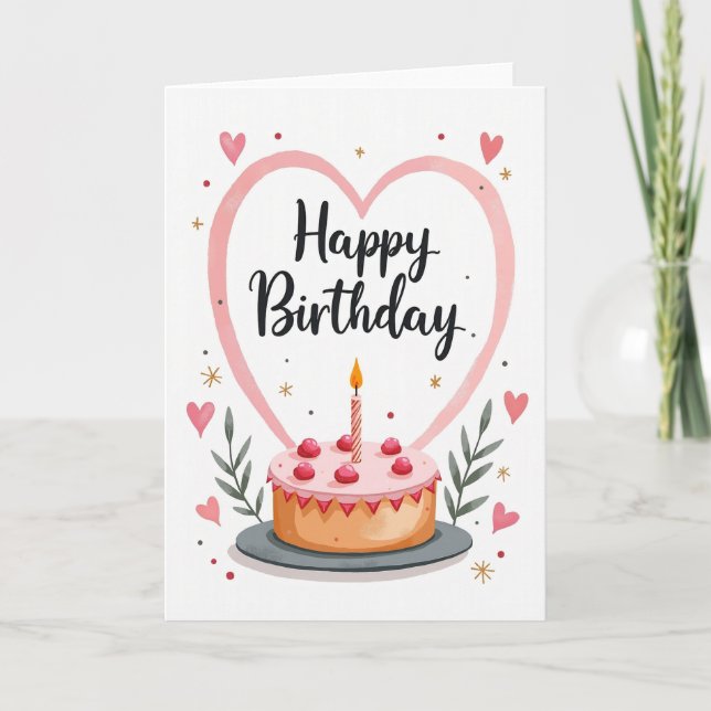 Cartão de Bolo de Aniversário de Coração (Frente)