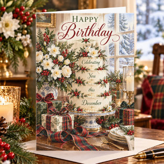 Cartão de Bolo de Aniversário de Dezembro Floral d