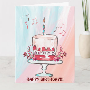 CARTÃO DE BOLO DE ANIVERSÁRIO E NOTAS MUSICAIS