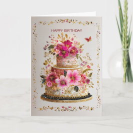 Cartão de Bolo de Aniversário Elegante Dourado e R