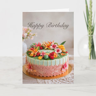 Cartão de Bolo de Aniversário Tropical