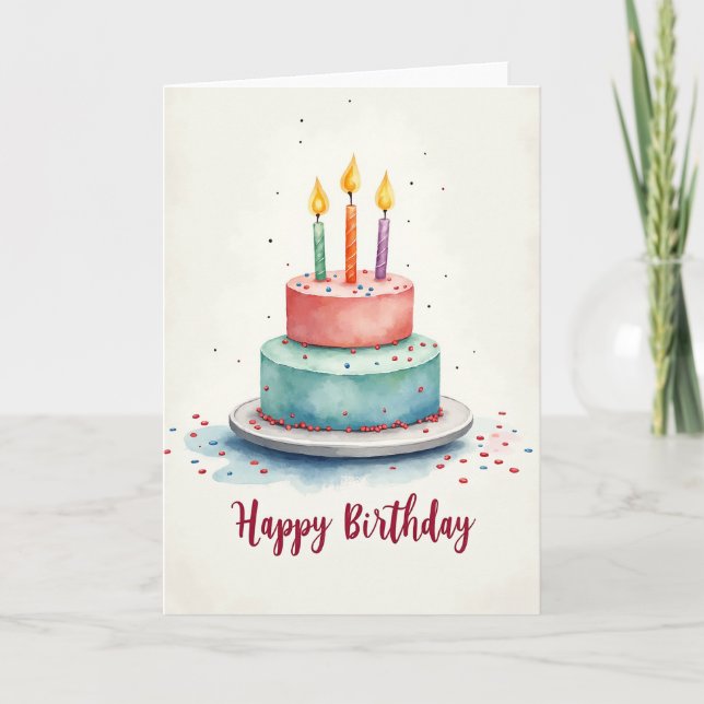 Cartão de Bolo de Aquarela Alegre (Frente)