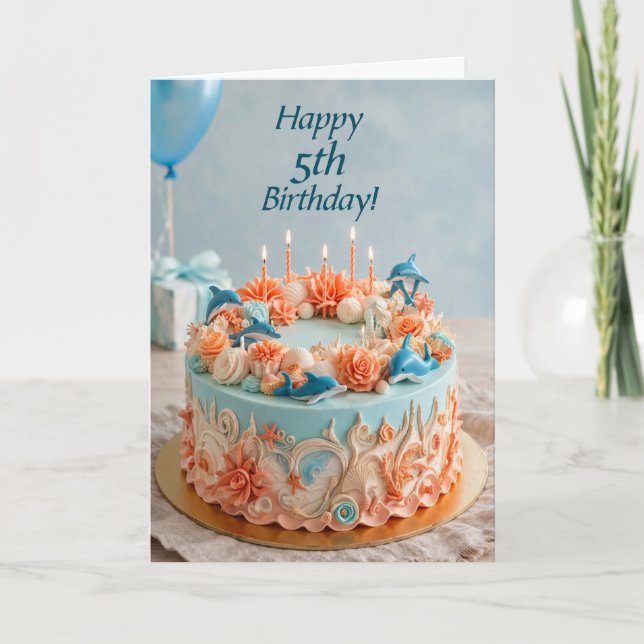 Cartão de Bolo de Golfinho de 5º Aniversário (Frente)