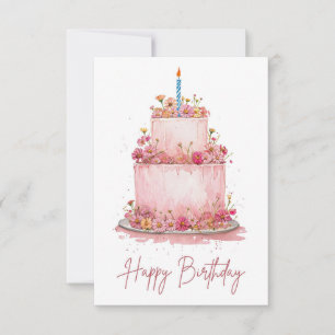 Cartão de Bolo Floral de Aniversário Rosa