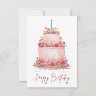 Cartão de Bolo Floral de Aniversário Rosa