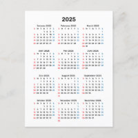 Cartão de Calendário 2025: Início Domingo, Preto e
