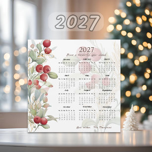 Cartão de Calendário 2027 Red Berries Greenery Ele