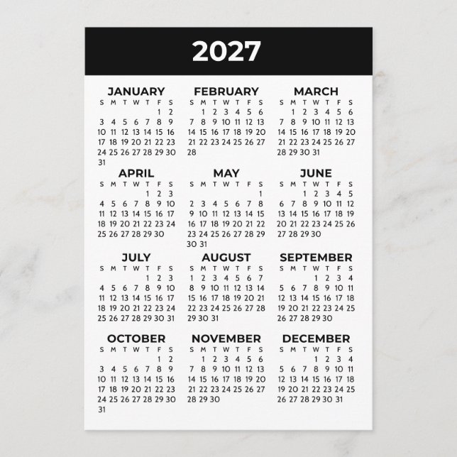 Cartão de Calendário Preto e Branco de Visualizaçã (Frente)