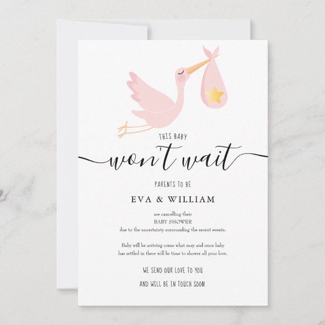 Cartão de Cancelamento de Chá de Bebê Rosa Moderno (Frente)