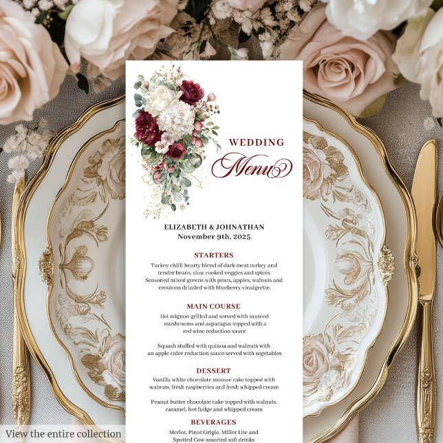 Cartão de cardápio de casamento floral de ouro ver (Boho deep red white gold floral wedding menu card

)