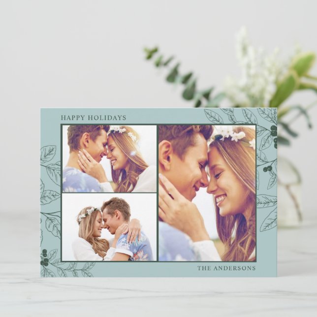 Cartão de Cartões de natal de Natal Verde Três Fot (Em pé/Frente)