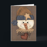 Cartão de cartões de natal primitivo do boneco de<br><div class="desc">Um boneco de neve adoràvel primitivo está no cobrir deste cartão de cartões de natal. Toda decked para fora em seu chapéu do inverno com uma estrela do ouro, e o nariz da cenoura, este boneco de neve lunático é caracterizado neste cartão do feriado (Natal). O fundo do cartão é...</div>