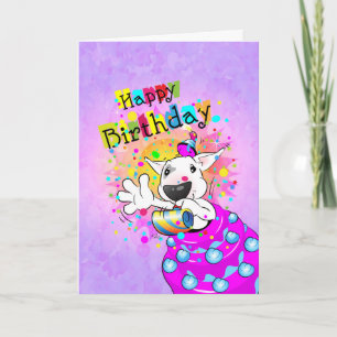 Cartão de Cartoon Bull Terrier "Feliz Aniversário"