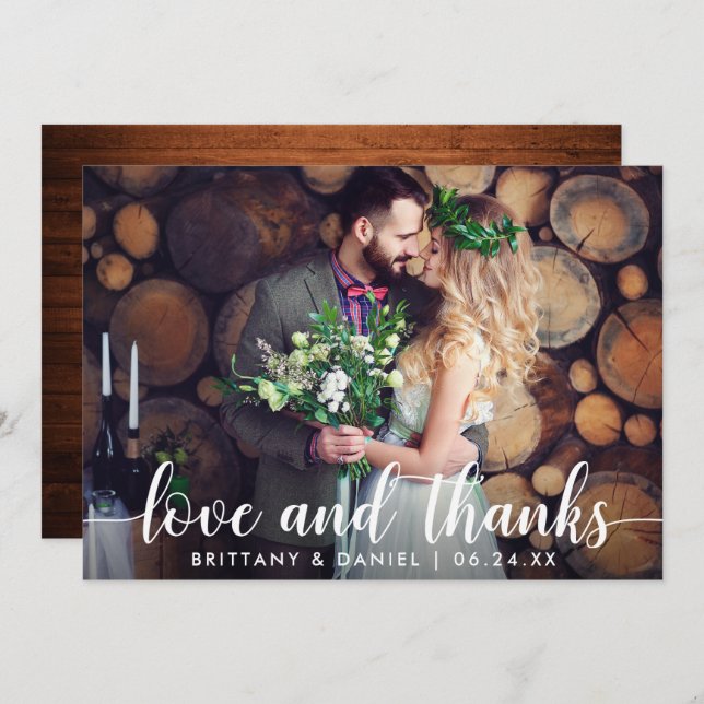 Cartão de Casal de Casamento Foto de Madeira Amor  (Frente/Verso)