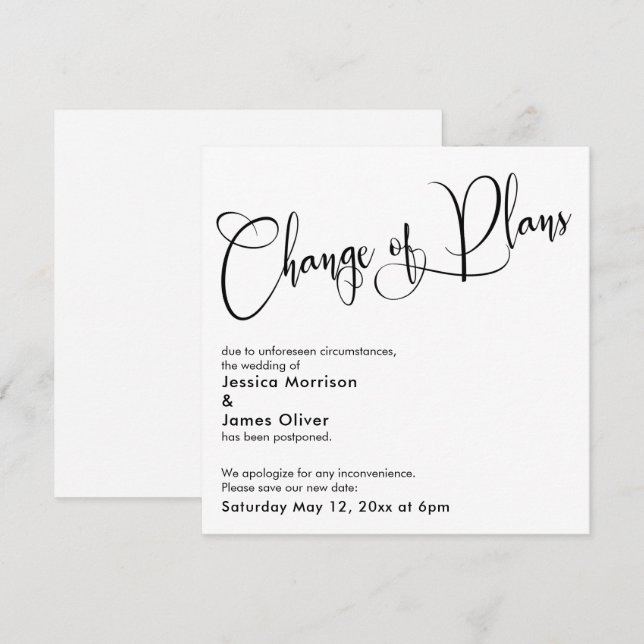 Cartão de Casamento Adiado "Mudança de Planos" (Frente/Verso)