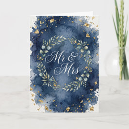 Cartão de casamento azul e dourado simples para Sr