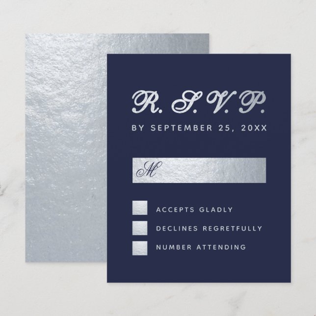 Cartão de Casamento Azul Marinho com Letra Prata R (Frente/Verso)