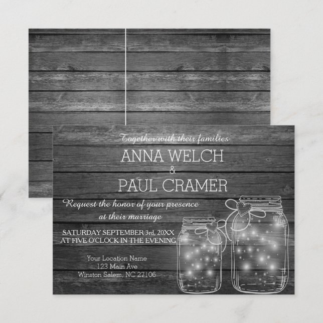 Cartão de Casamento B&W para Luzes de Mason Jar Ru (Frente/Verso)
