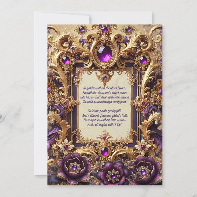 Cartão de Casamento Barroco Roxo e Dourado (Frente)