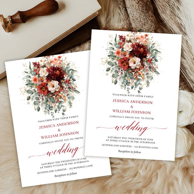 Cartão de Casamento Boho Flores de Outono Eucalipt (Maroon Autumn Flowers Boho Eucalyptus Wedding Invite

)