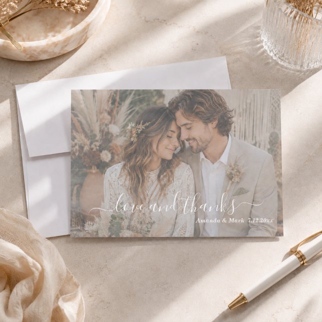Cartão de Casamento Boho Foto Amor & Agradecimento (Criador carregado)