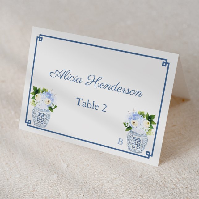 Cartão de Casamento Branco de Marinho Chinoiserie (Elegant chinoiserie chic blue and white individual place card design)