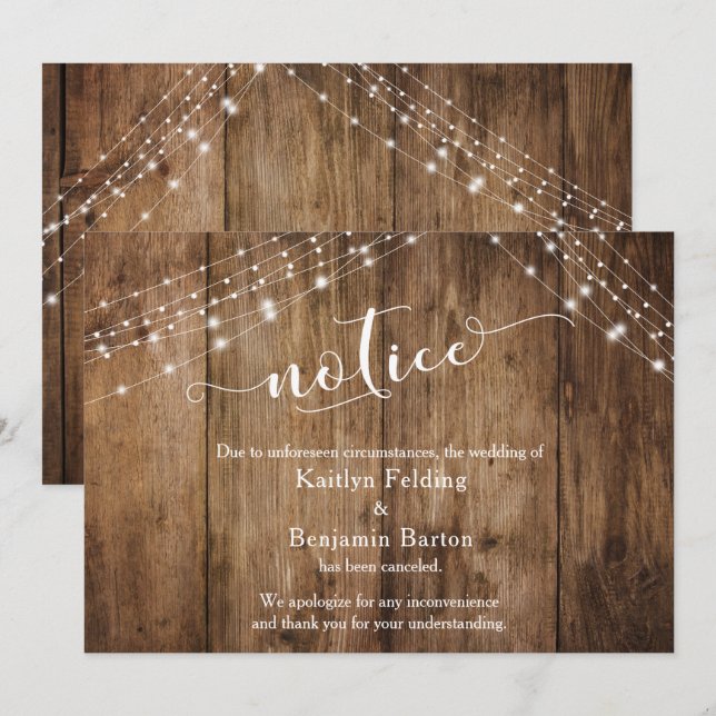 Cartão de Casamento Cancelado Rustic Wood & Lights (Frente/Verso)