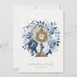 Cartão de Casamento Católico Azul Floral Custódia