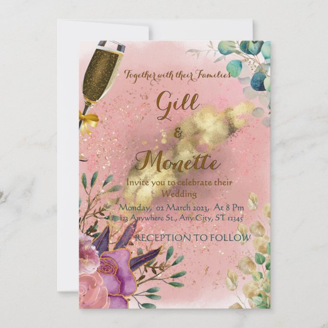 Cartão de Casamento Champanhe Floral (Frente)