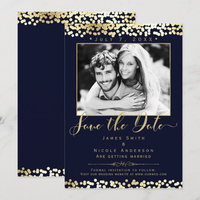 Cartão de Casamento com Foto Confete Azul e Dourad (Frente/Verso)