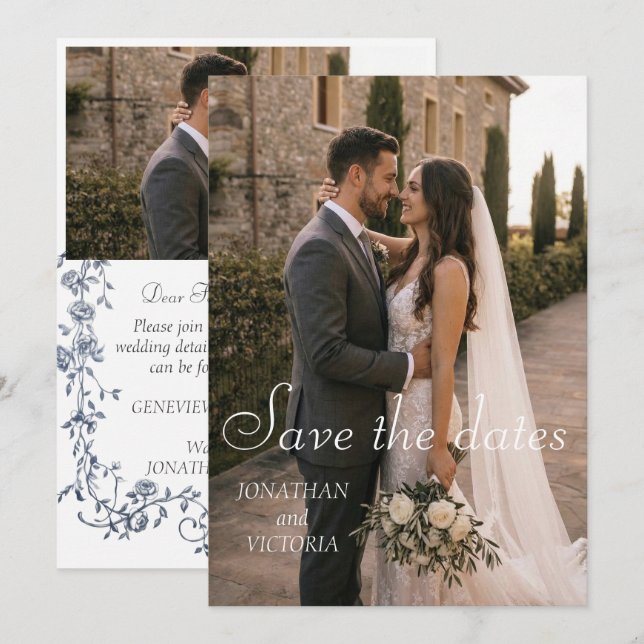 Cartão de Casamento com Foto de Save the Date Flor (Frente/Verso)
