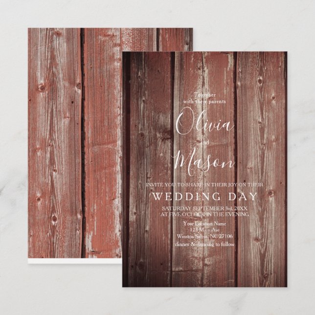 Cartão de Casamento com textura Rustic Barn Door (Frente/Verso)