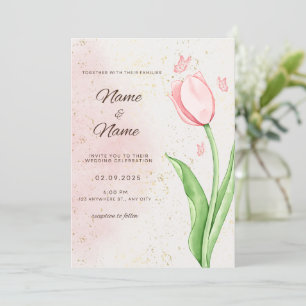 Cartão de casamento de flor e borboleta rosa elega
