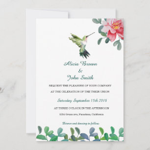 Cartão de Casamento de Flor Rosa e Pássaro