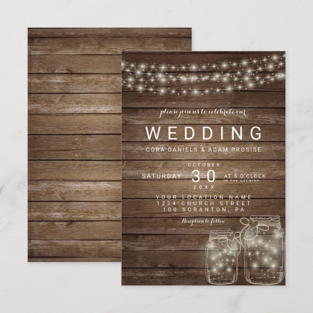 Cartão de Casamento de Luzes de Mason Jar Russo El (Frente/Verso)