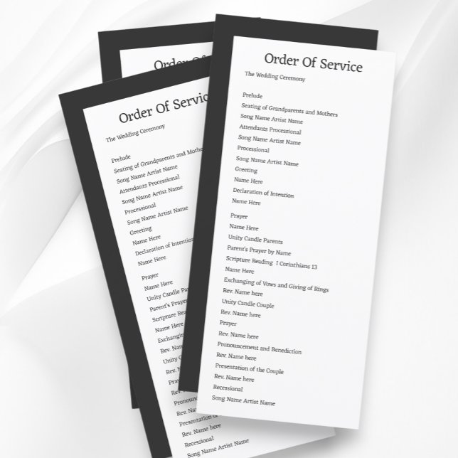 Cartão de Casamento de Ordem Branca de Serviço de  (Simple Grey White Order of Service Wedding Cards from Ricaso. Easy add your own text details)