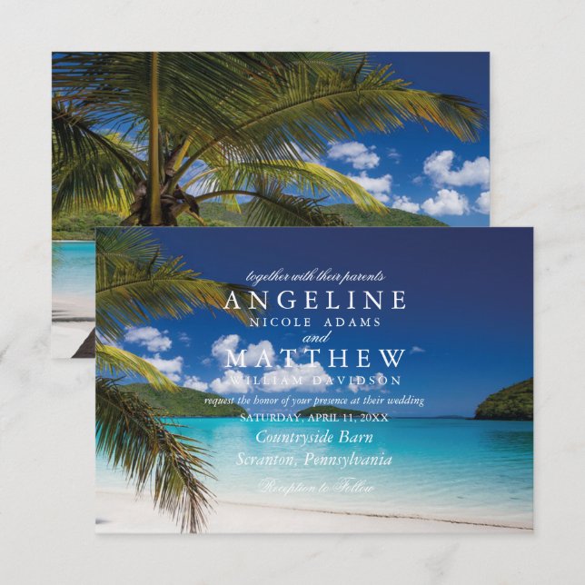 Cartão de Casamento de Palmeira Tropical de Praia  (Frente/Verso)