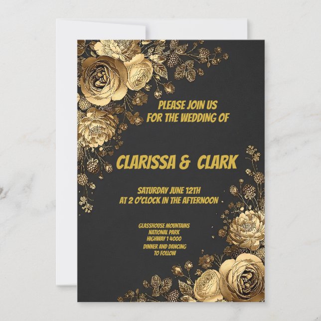 Cartão de casamento decorado com flores douradas e (Frente)
