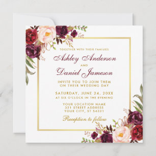Cartão de Casamento Dourado Borgonha Floral de Wa