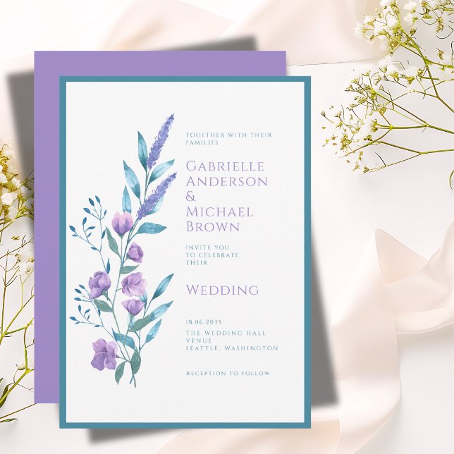 Cartão de Casamento Elegante em Verde Lavanda com  (Criador carregado)