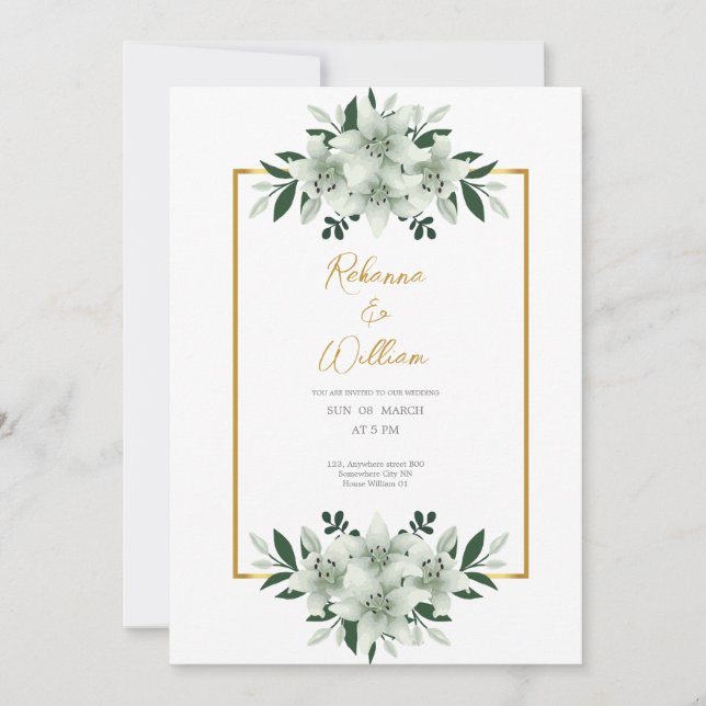 cartão de casamento em aquarela com brancos empoei (Frente)