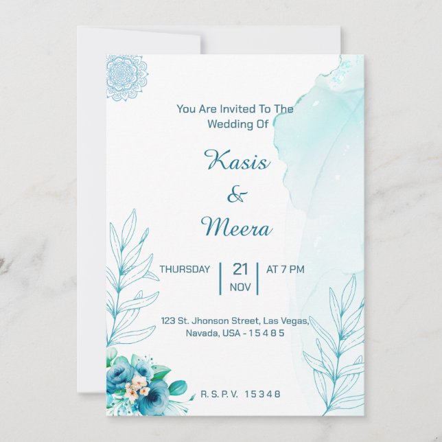 Cartão de casamento floral azul (Frente)