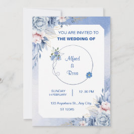 Cartão de Casamento Floral Azul e Branco Suave