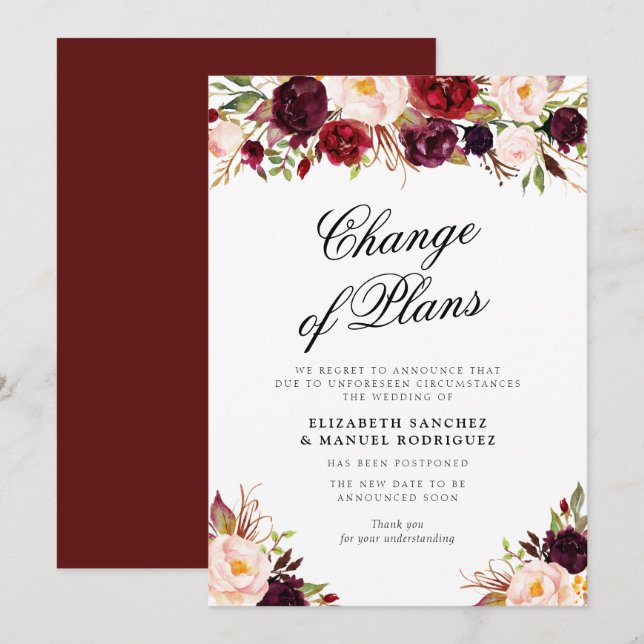 cartão de casamento floral borgonha adiado (Frente/Verso)